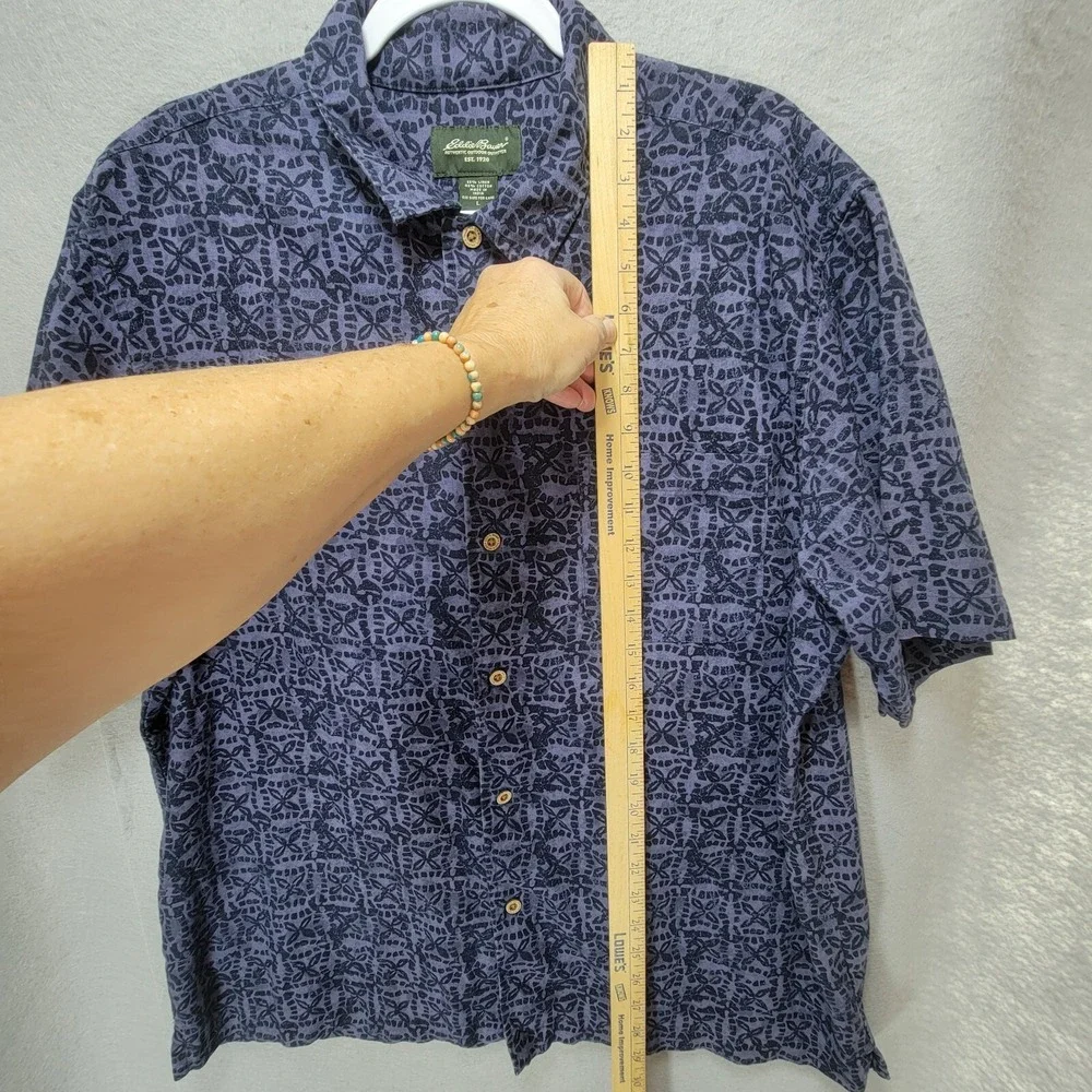 Eddie Bauer Shirt Mens L Hawaiian Vacation Linen Blend Blue Aztec Pocket‎ Office